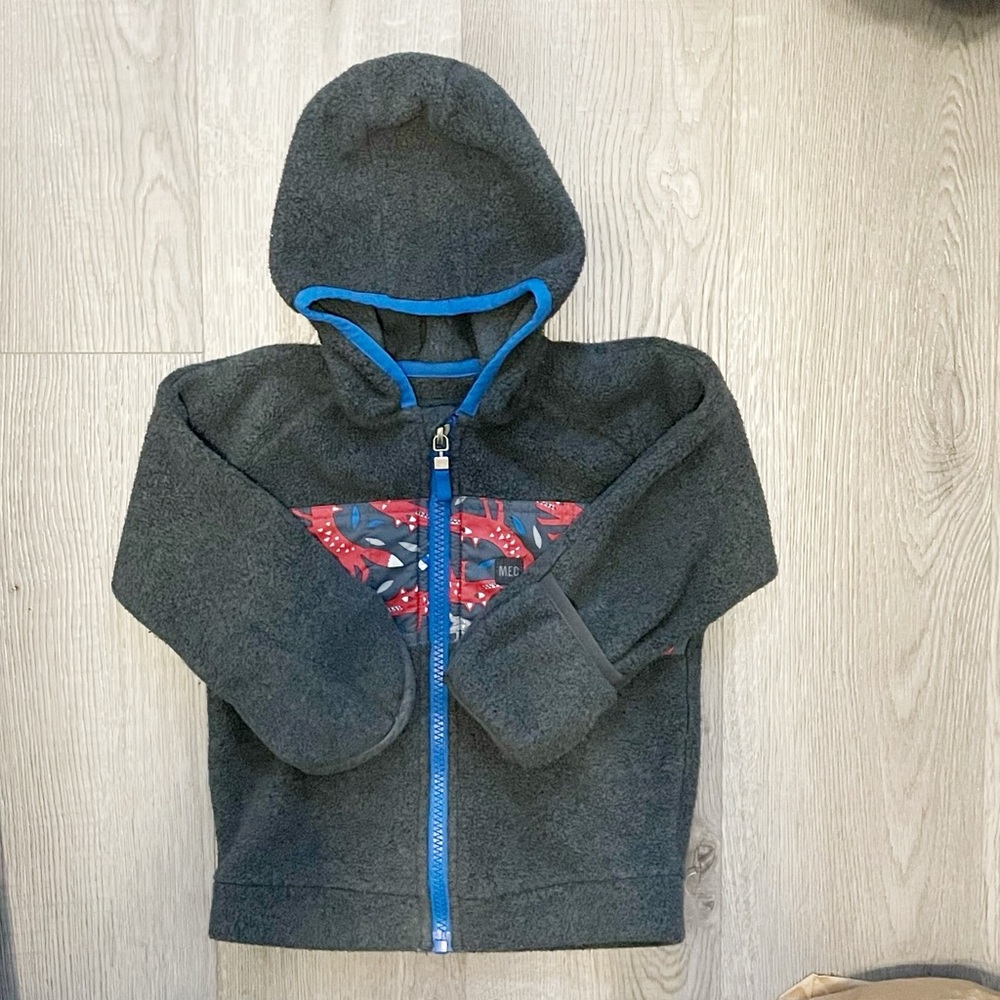 MEC Fleece Hoodie Sz 12 Months Fox Print Full Zip Folding Hands EUC